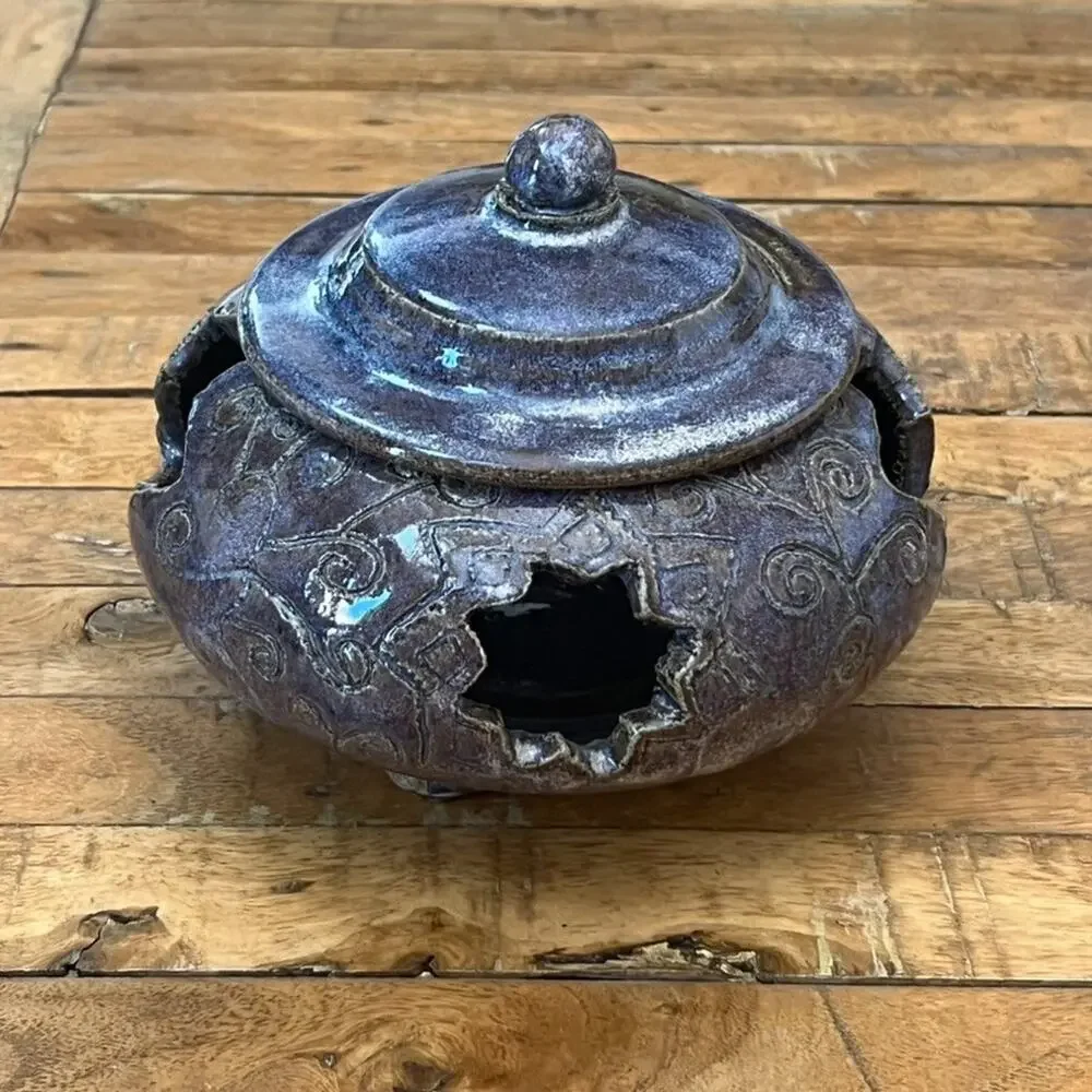 Studio Art Pottery Lidded Candle Holder Glazed Blue Purple Star Cutouts